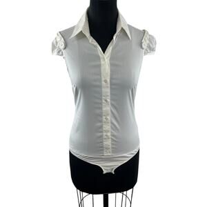 Patrizia Pepe White Bodysuit Cotton Stretch Collared Cap Sleeve Button-Up Sz 42